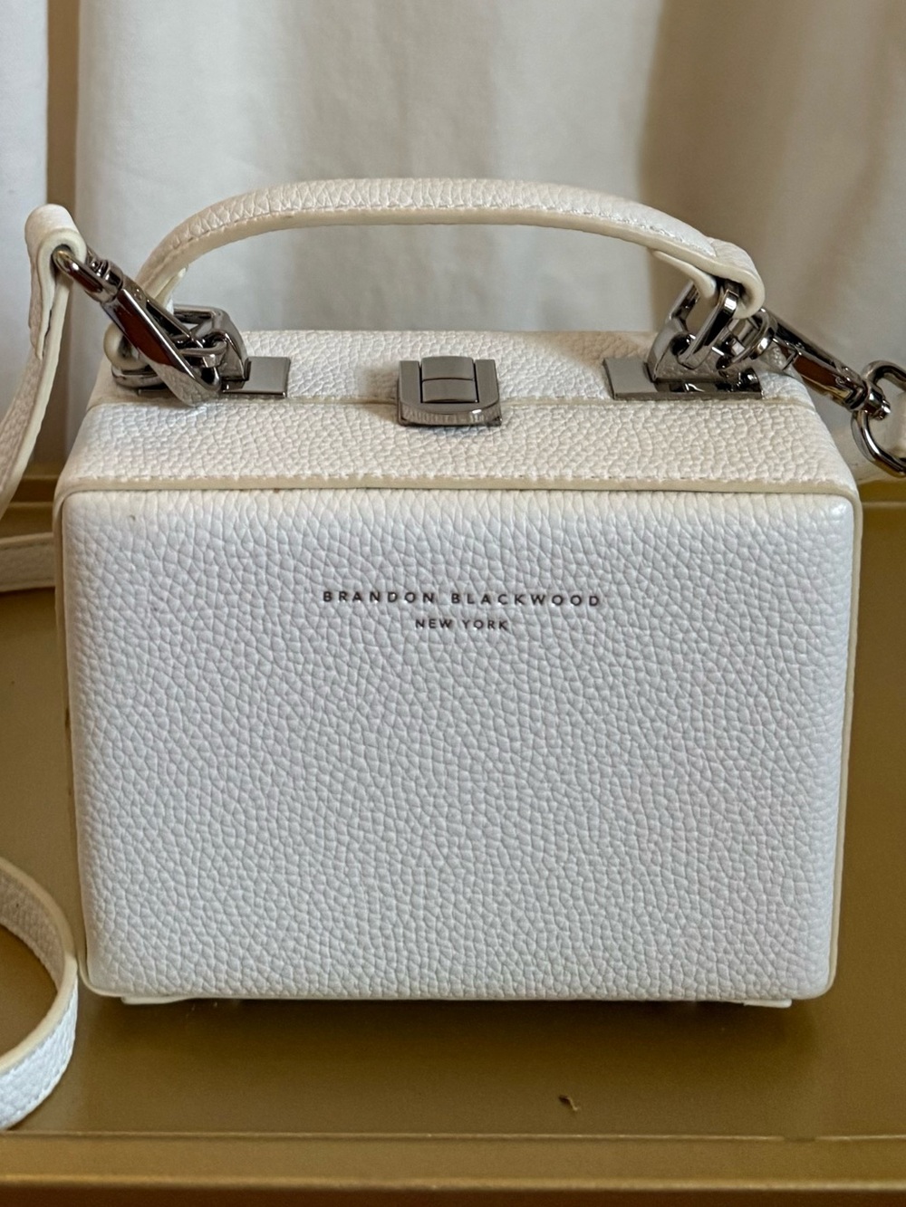 Brandon Blackwood White Pebbled Leather Box Bag with Top Handle